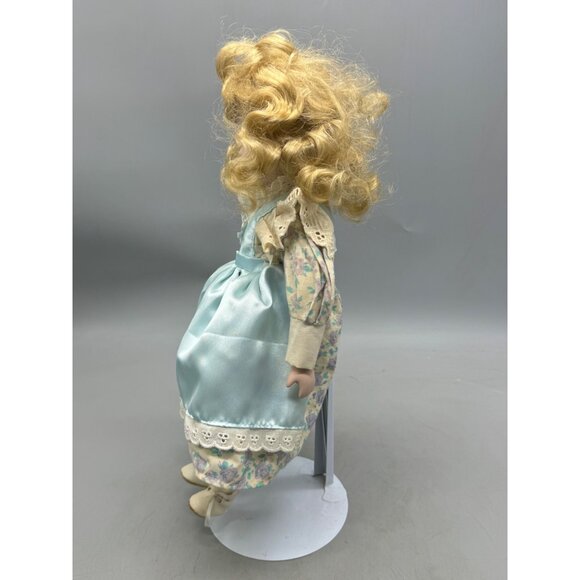 Vintage Porcelain Doll Blonde Curly Hair Blue Eyes Dress Lace Trim Figurine READ - Picture 5 of 11